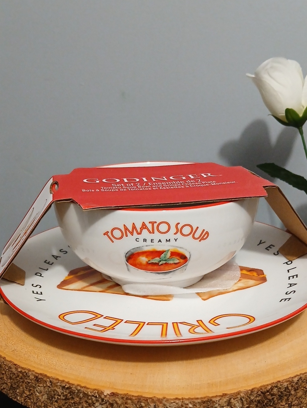 Goldinger Tomato Soup Creamy Ceramic Bowl + Grilled Cheese Plate White & Red NWT